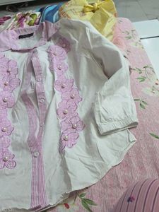 White &amp; Pink Floral Embroidered shirt for ladies