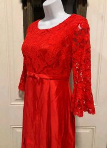 Red Lace Detail Flare Dress