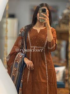Brown Embroidered Kurta Set with Dupatta