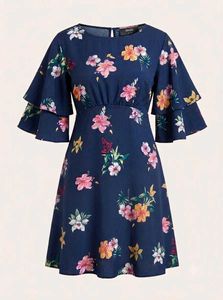 Navy Floral Ruffle Sleeve Dress
