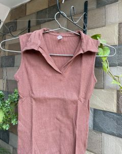 Women Brown Ribbed Collared Top