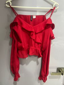 Chic Red Ruffle Cold Shoulder Top
