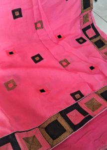 Vibrant Pink Saree with Geometric Border