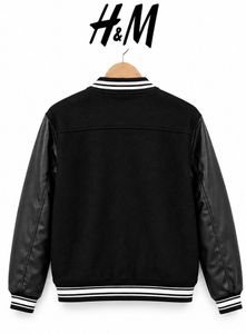 Black Varsity Bomber Jacket with Faux Leather Slee
