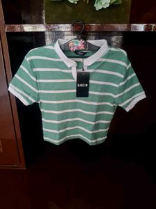 Green Striped Cropped Polo Shirt
