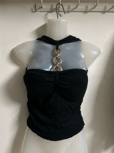 Chic Black Halter Top with Gold Chain Detail