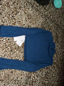 Blue Textured Cropped Turtleneck Top