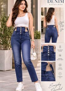 High Waist Ripped Jeans with Button upRings