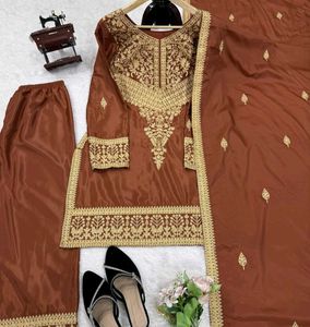 Elegant Embroidered Brown Kurta Set