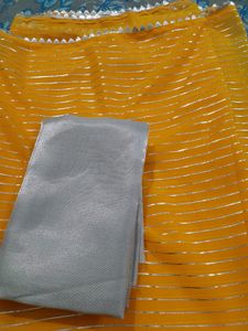 Yellow stripe Saree With Blouse Piece