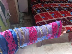 beautiful blue and pink kurta with back work and beautiful net sleeves
