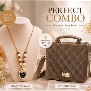 Combo of Quilted Velvet Handbag and pretty necklac
