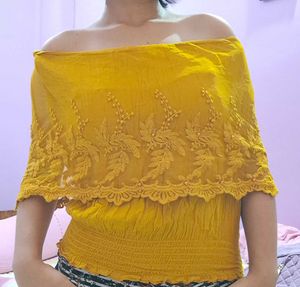 Off-Shoulder Embroidered Yellow Top