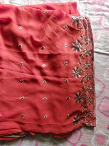 Georgette Heavy work coral red  Saree