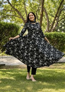 BLACK COTTON FLORAL Anarkali SET
