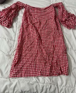 Red Gingham Off-Shoulder Dress with bell sleeves