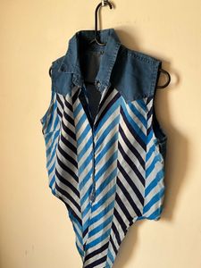 Blue Striped Sleeveless Denim Collar Top