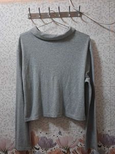 Grey Cropped Polo Long Sleeve Top