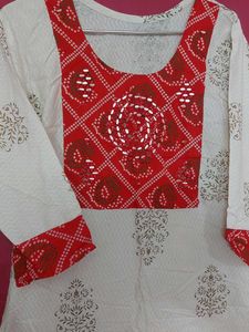 White and red kurti set with dupatta, Pant