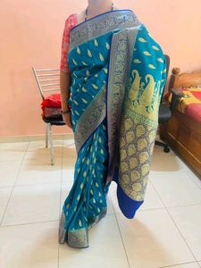 wedding saree with blouse Teal Banarasi Silk Sare