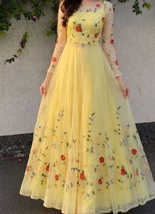 Yellow Floral Embroidered Tulle Gown