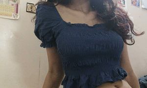 Chic Navy Smocked Puff Sleeve Top