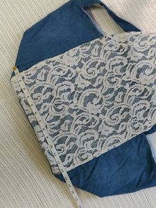 Denim Shoulder Bag with Lace Accent