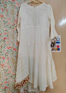 Off White linen embroidered flared kurta
