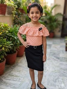 Cute Peach Off-Shoulder Top & Black Skirt Set