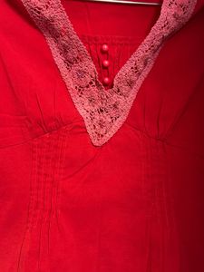 Red Kurta with Lace Neckline