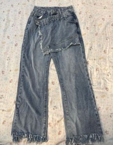 Distressed Wide-Leg Denim Jeans with Skirt Overlay