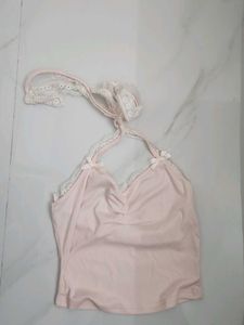 Cute Pink Lace Trim Halter Top