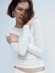 Chic Ruched Long Sleeve White Top