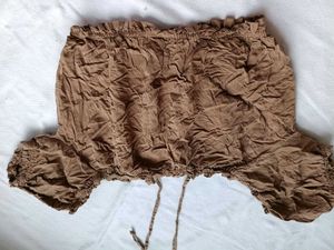 Brown Off-Shoulder Smocked Crop Top