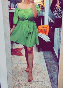 Lime Green Square Neck Puff Sleeve Dress