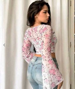 Floral Bell Sleeve Mesh Crop Top