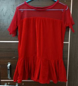 Red Velvet &amp; Mesh Peplum Top