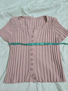Cute Pink Ribbed Button-Up Top