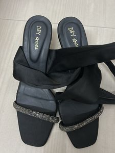 Elegant Black Tie-Up Heels with Rhinestone Straps