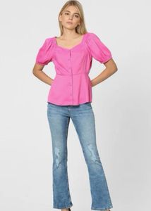 Pink Puff Sleeve Button-Up Top