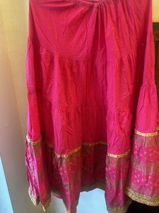 Vibrant Pink Tiered Ethnic Skirt with Gold Accents