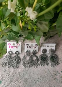 Oxidized Silver Jhumkas - Set of 3