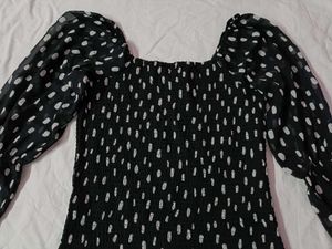 Stylish Black Smocked Polka Dot Top