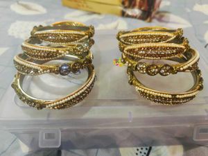 Elegant Gold &amp; Pearl Bangles (Set of 8)