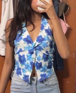 Blue Floral Twist Halter Top