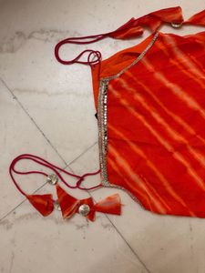 Vibrant Orange Striped Blouse with Tassels