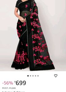 Elegant Black Saree with Pink Floral Embroidery