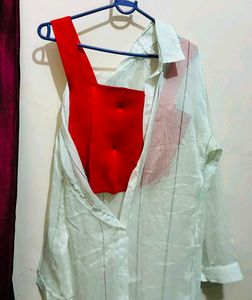 Red Corset Top with White Sheer Shirt
