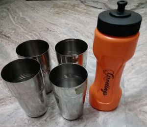 Orange Water Bottle with 4 Stainless Steel Glasses