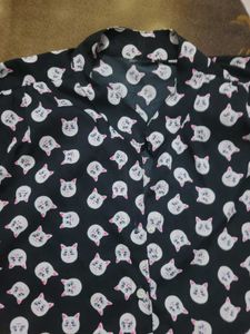 Cute Cat Print Button-Up Shirt